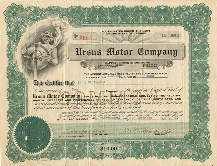 Ursus Motor Co. - Automotive Stock Certificate